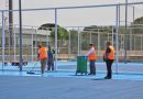 Teleboadilla. Operarios reparan las pistas de tenis del Complejo Deportivo Ángel Nieto
